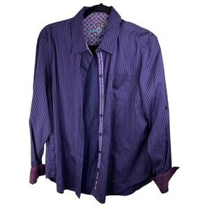 Robert Graham Women's Shirt XL Dark Purple Button Front Contrasting Pink Cuffs